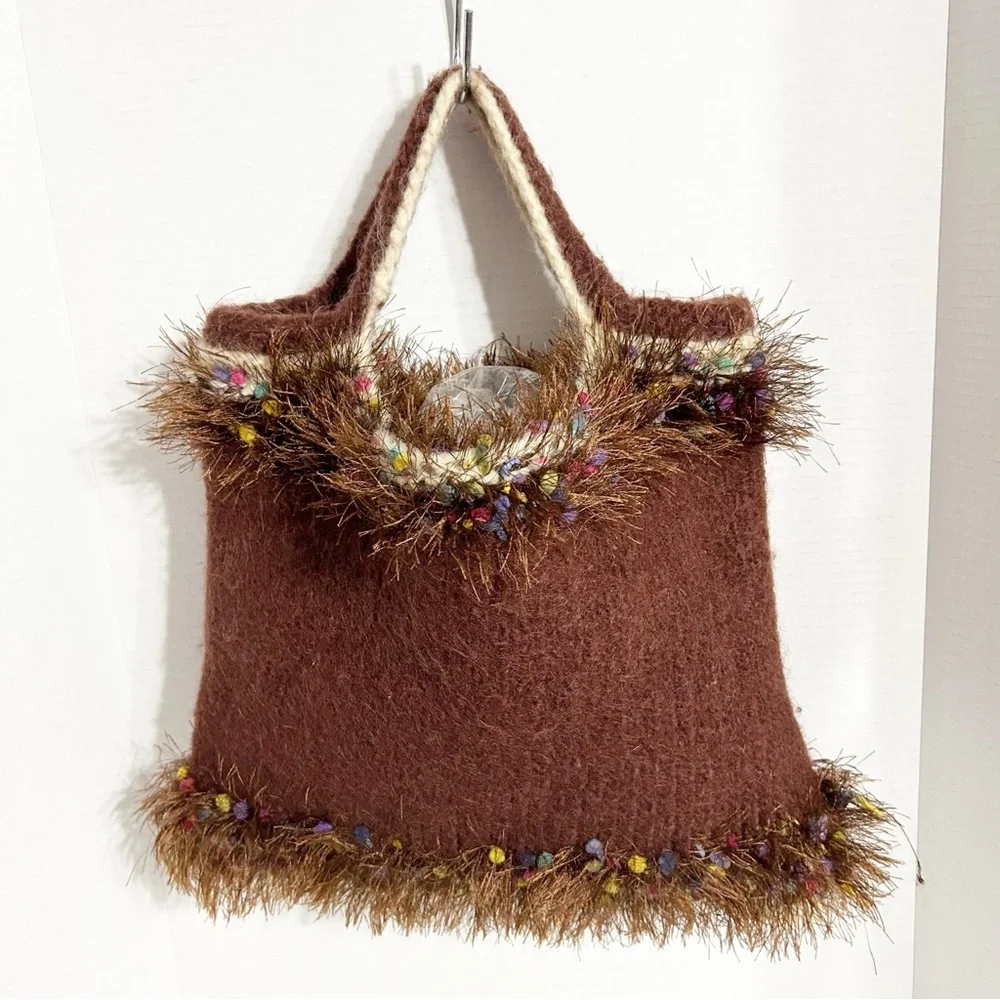 Unbranded Handcrafted Multi Yarn Types Knit Tote Fuzzy Trim Around Top Boil Wool